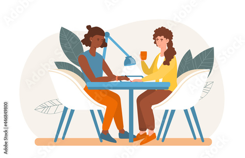 Woman Visiting Beauty Salon concept. Masters Doing Manicure. Woman working, and the visitor resting and drinking coffee. Cartoon modern flat vector illustration isolated on a white background