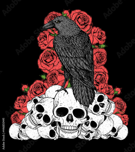 Black raven sits on the skulls. Skull, raven and roses hand drawn illustration. Tattoo vintage print. Skull hand drawn print. Tattoo design. Pile of skulls, flowers and raven.