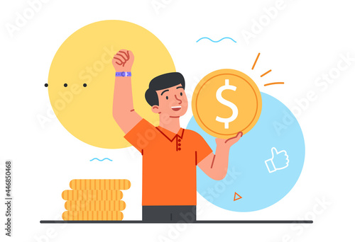 Money management concept. Businessman holding a dollar, gold coin. Happy rich man took loan from bank or received salary. Cartoon modern flat vector illustration isolated on a white background