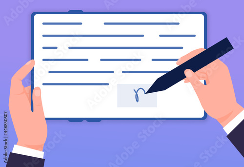 Digital signature concept. Man putting esignature into legal document. Character signs the contract online. Modern technologies. Cartoon flat vector illustration isolated on a blue background