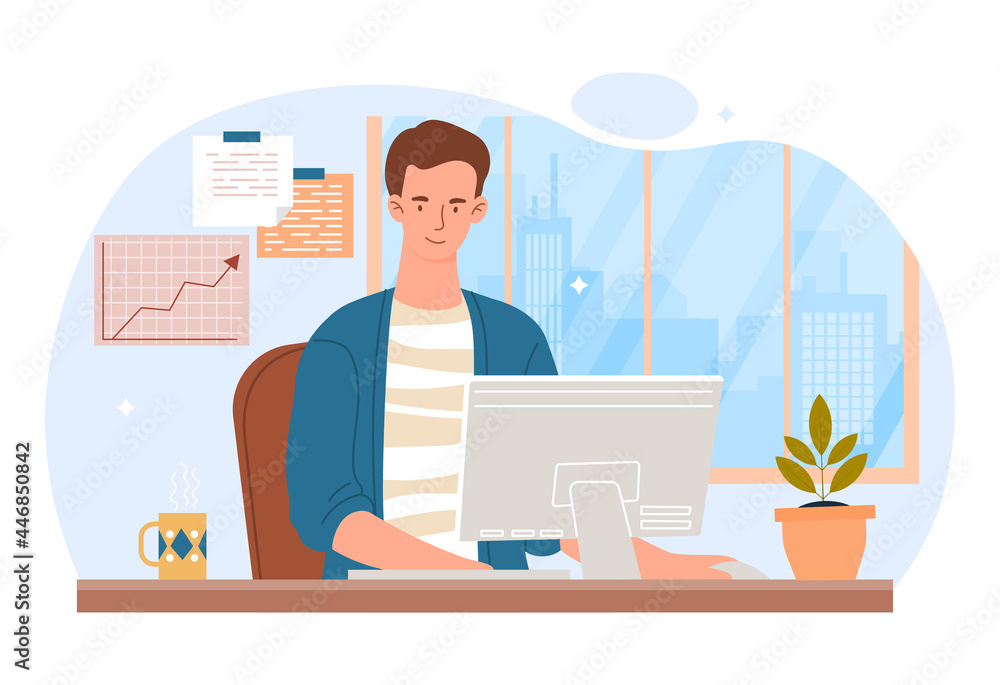 Working in the office concept. Man sits at his workplace and uses computer. Character performs a task. An employee working on a project. Cartoon flat vector illustration isolated on a white background Working in the office concept. Man sits at his workplace and uses computer. Character performs a task. An employee working on a project. Cartoon flat vector illustration isolated on a white background