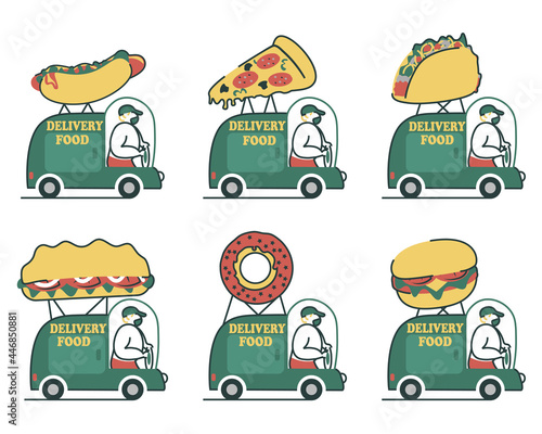 A delivery van with fast food on the roof carries an order. A set of cars for food delivery.