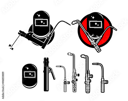 Welding equipment vector illustration. Helmet and torch