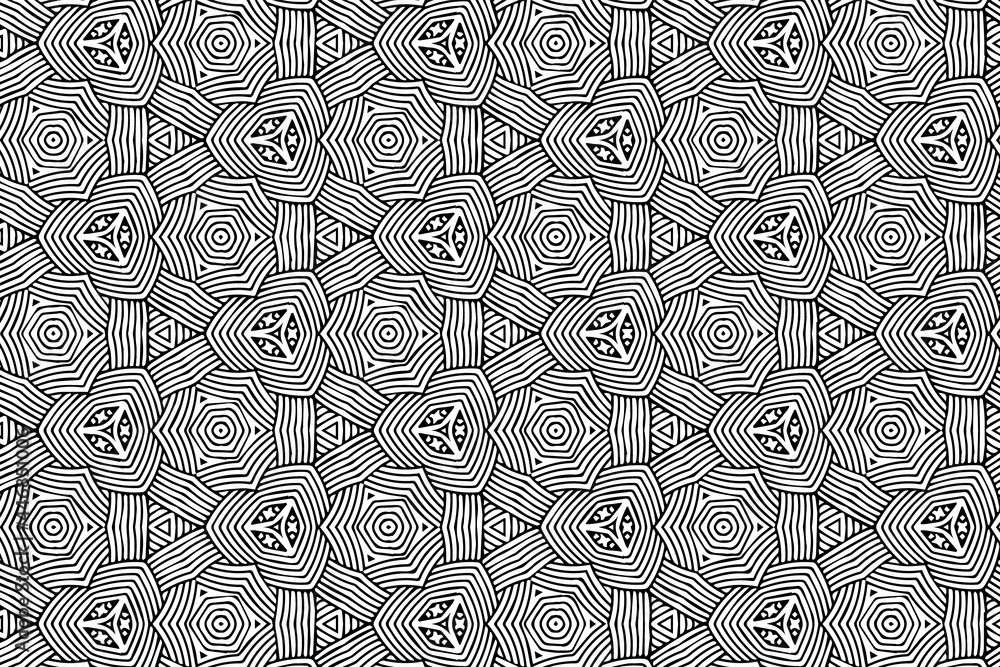 Fototapeta premium Ethnic modern pattern, geometric background. Oriental, Asian, Indian handicraft style, doodling technique. Black white template for creativity, coloring, design.