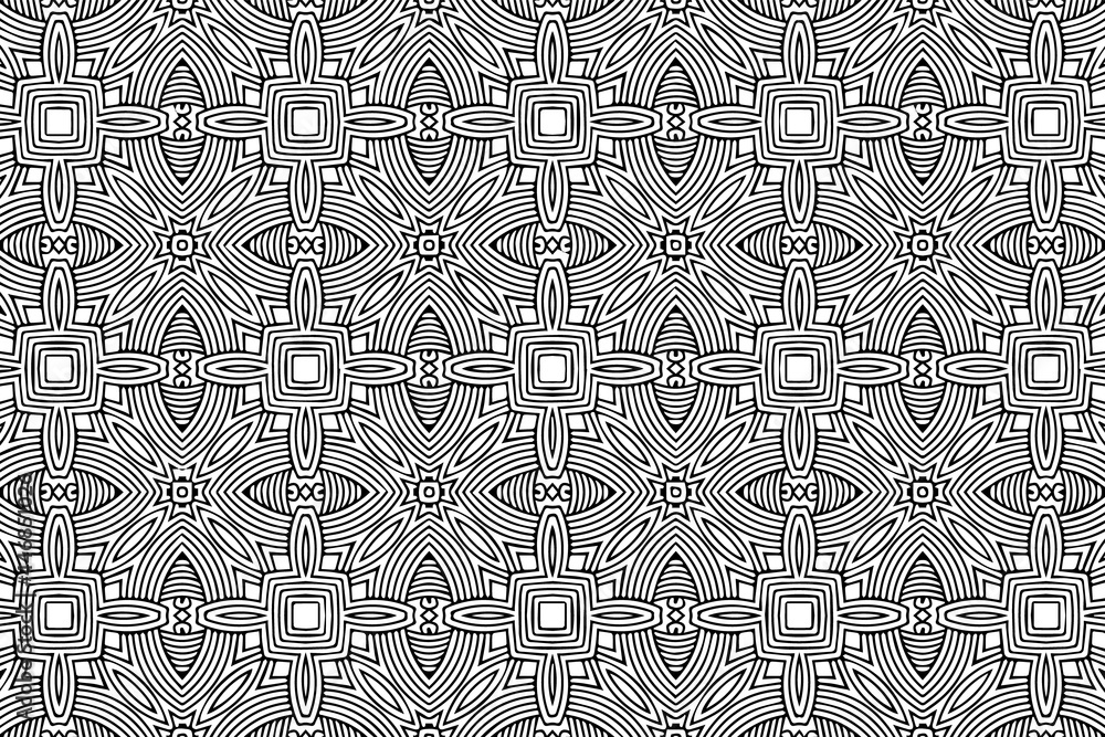 Ethnic exotic pattern, geometric background. Oriental, Asian, Indian handicraft style, doodling technique. Black white template for creativity, coloring, design.