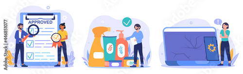 Product manufacturing abstract concept. Product quality and safety control, defective product testing, customer feedback. People check their purchases. Cartoon flat vector set on a white background