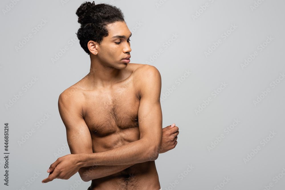 shirtless african american guy standing with crossed arms isolated on grey, beauty concept shirtless african american guy standing with crossed arms isolated on grey, beauty concept