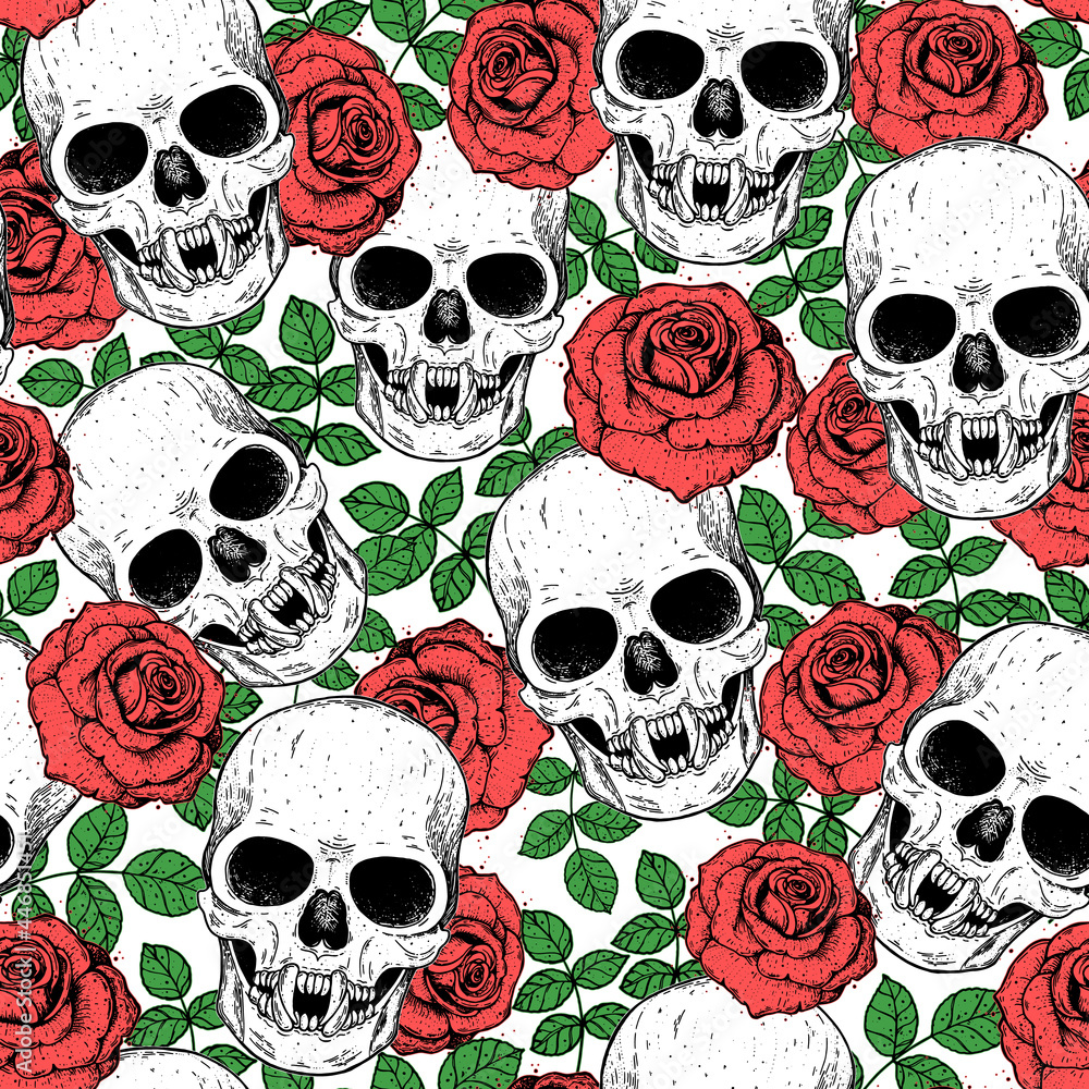 Skull and roses seamless pattern. Hand drawn vector illustration. Fabric design template. Skull background. Skull and roses seamless pattern. Hand drawn vector illustration. Fabric design template. Skull background.