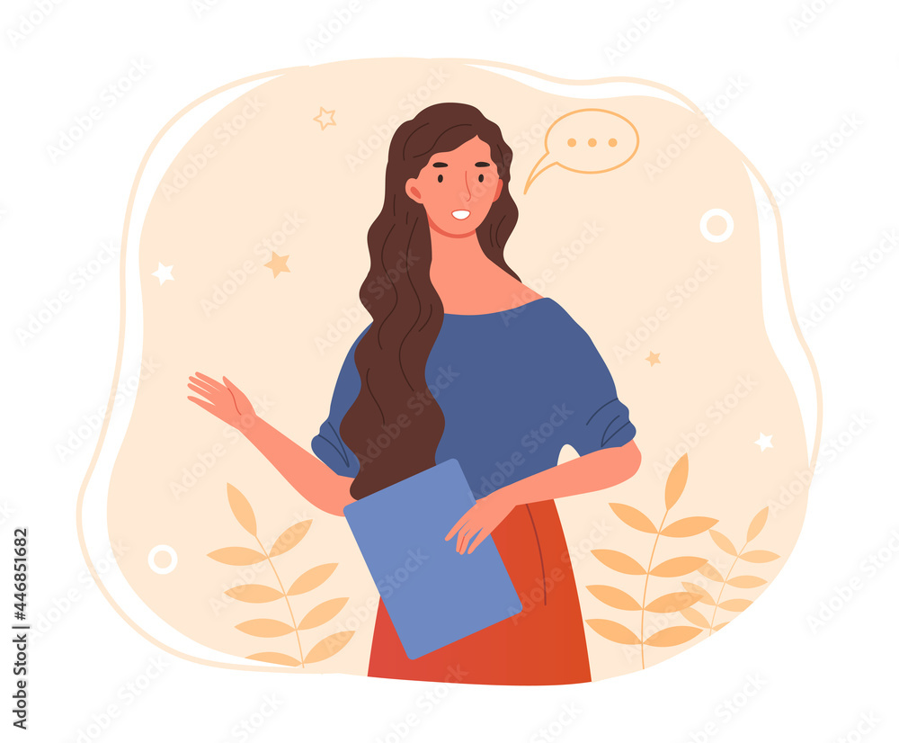 Woman speaks concept. Happy young character showing smth with hand. Businesswoman holds folder in her hands and tells important information. Cartoon flat vector illustration on a white background