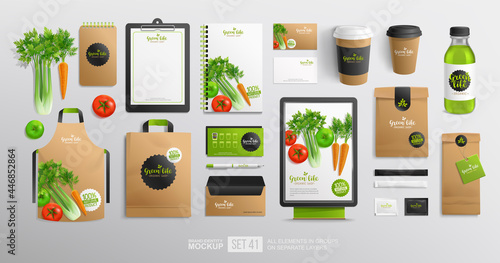 Realistic Brand identity Mockup set with vegetal logo for Vegan Cafe and organic food shop. Vector vegetables. Stationery branding mock up organic package, juice bottle