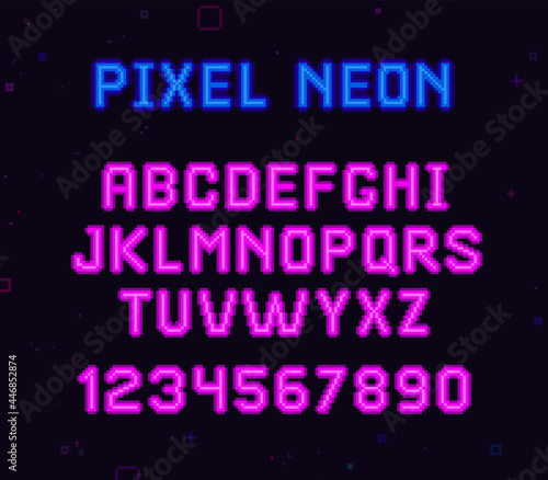 Pixel art neon type font set and numbers synthwave style vector template. 80s - 90s style retrowave neon type font. Retro video game alphabet design