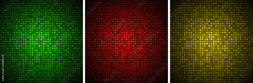 Technology banners set. Abstract gradient glow circular dots backgrounds. Glowing circle pixel pattern. Big data. Vector illustration