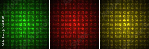 Technology banners set. Abstract gradient glow circular dots backgrounds. Glowing circle pixel pattern. Big data. Vector illustration