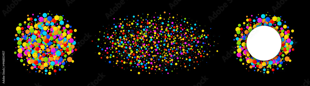 Round colorful papers on black background. Confetti frame. Birthday template. Confetti circles set. Rainbow colors. Carnival party. Holiday design element. Vector illustration