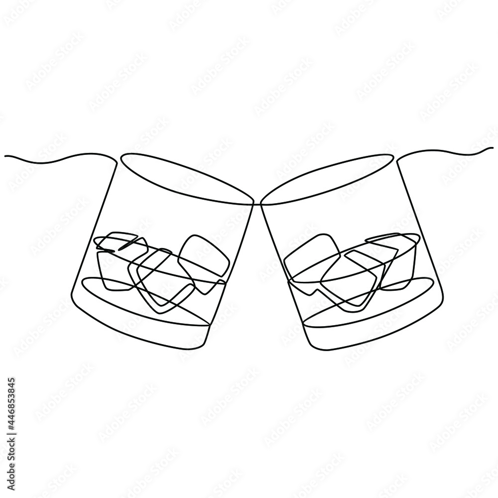 Continuous line drawing of two shot glasses toasting each other alcohol