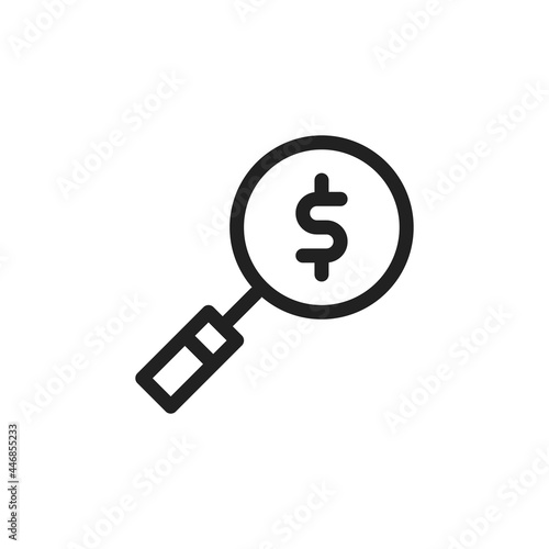 Search dollar money icon on white background. flat style design. search money sign. Magnifier dollar icon, outline style. Looking For Money. Black find best offer price magnifying glass icon.