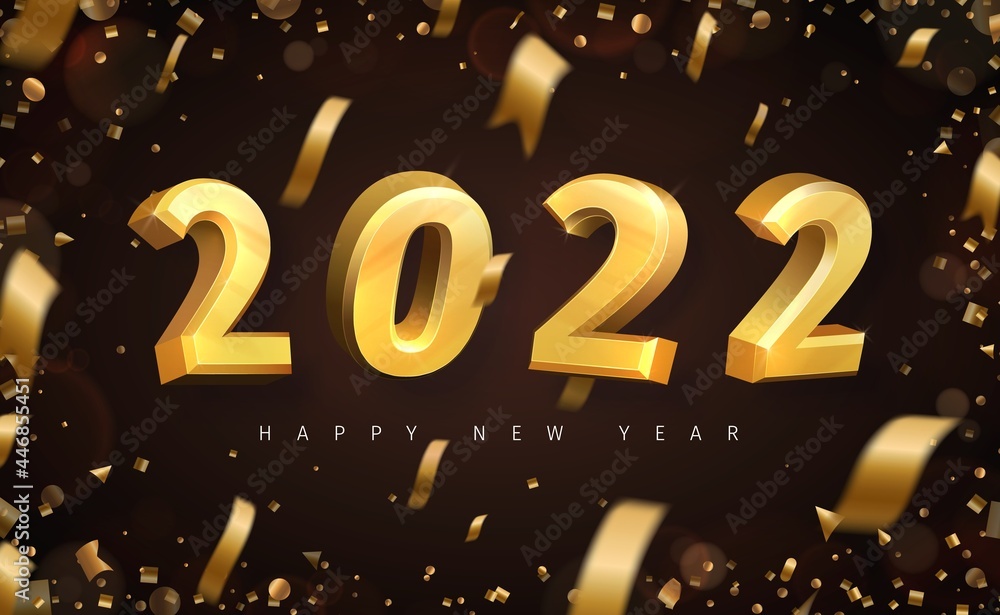 New year greeting card. Gold 3D text flying in the air with confetti and bokeh. New year greeting card. Gold 3D text flying in the air with confetti and bokeh.