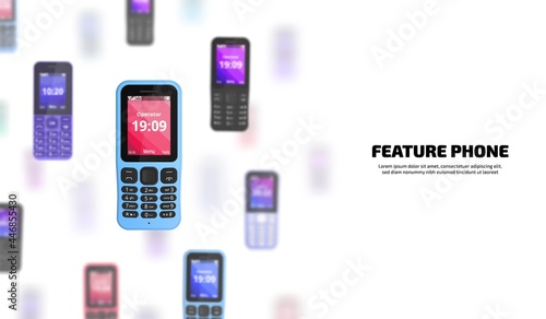 Many feature phones on white background. Depth due to blurred objects.