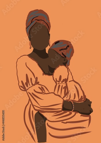 African American mother holding her daughter, dark skin female face. National African costumes, accessories, dresses, flat lay cartoon style illustration orange pastel background. 