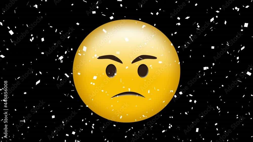 Digital animation of confetti falling over angry face emoji on black background Digital animation of confetti falling over angry face emoji on black background