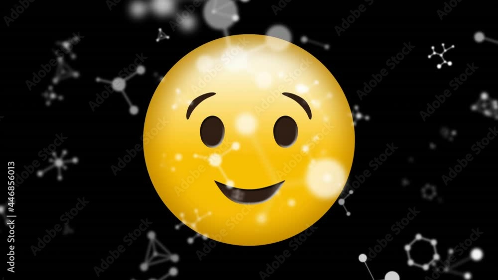 Digital animation of molecular structures floating against winking face emoji on black background Digital animation of molecular structures floating against winking face emoji on black background
