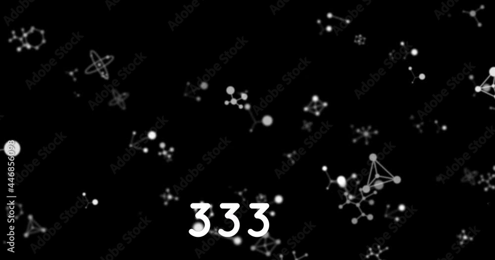 Digital animation of increasing numbers over molecular structures floating against black background Digital animation of increasing numbers over molecular structures floating against black background