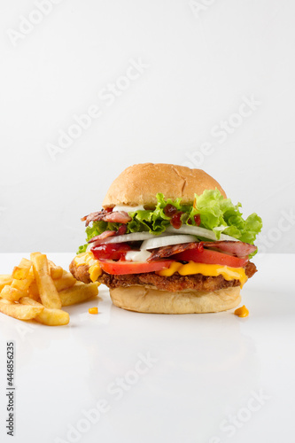 cheese burger, with meat, chicken, bacon, tomatoes, onion, lettuce, potatoes, french fries, ketchup. white background 