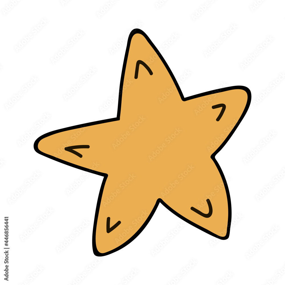 Cute star for decoration Christmas tree in yellow colors. Christmas sign, cozy clipart. Vector illustration with hand drawn outline isolated on background. For craft, fabric, sticker, scrap element. Cute star for decoration Christmas tree in yellow colors. Christmas sign, cozy clipart. Vector illustration with hand drawn outline isolated on background. For craft, fabric, sticker, scrap element.