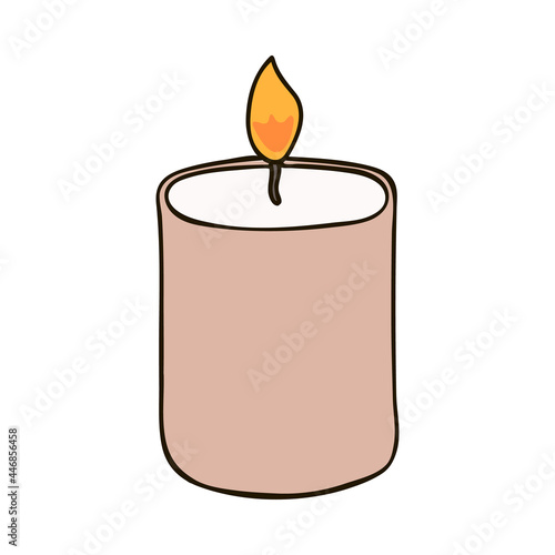 Hand drawn holiday candle with a flame in beige colors. Cozy clipart. Vector illustration with hand drawn outline isolated on background. Can be used for paper craft, fabric, sticker, scrap element.