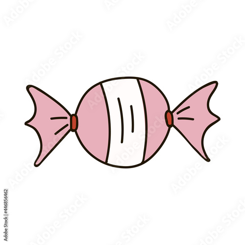 Cute round candy in the wrapping paper in pink colors. Christmas sign, cozy clipart. Vector illustration with hand drawn outline isolated on background. For craft, fabric, sticker, scrap element.