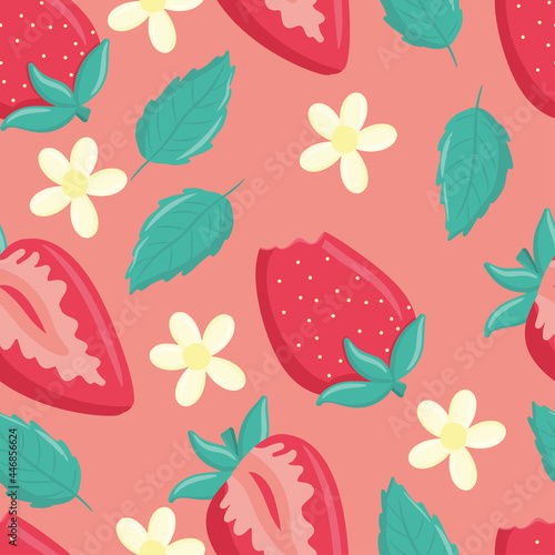 Seamless pattern with strawberries, juicy summer print, bright pattern, summer berries, flower and leaves, cute cartoon illustration, elements for creating designs, bed linen, curtains, tablecloths