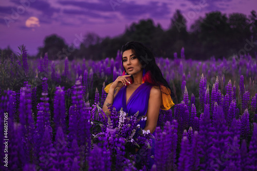 A brunette girl in a gradient haute couture dress in blue, pink and yellow colors standing among a blooming lupine field. A magical romantic night portrait.
