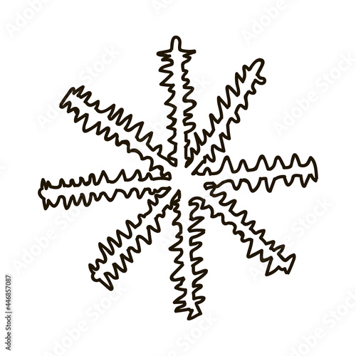Hand drawn snowflake in doodle style. Christmas  winter sign  cozy clipart. Vector illustration with doodle outline isolated on background. Can be used for paper craft  fabric  sticker  scrap element.
