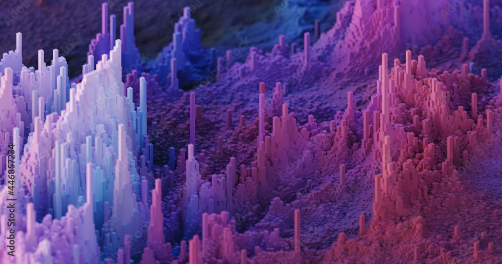 Abstract space 3D geometric mountain landscape in a beautiful pink-purple palette. Futuristic bright low poly background for covers, presentations and advertisements. Audio electronic tracks.