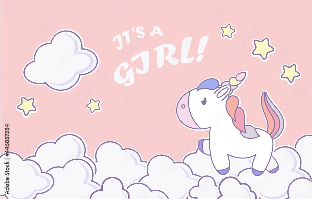 Baby shower horizontal banner with cartoon unicorn, clouds on pink background. It's a girl. Vector illustration