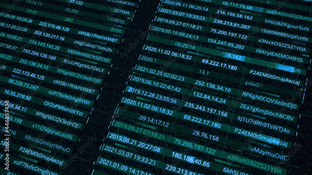 Data with passwords and IP addresses of network. Animation. Rows with personal electronic data of users within network. Database with generated passwords and IP addresses