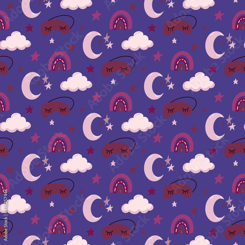 nursery baby bright colorful seamless pattern with moon, stars, cloud, mask for sleep. Cute hand drawn vector background print. Good night concept. Idea for textile fabric