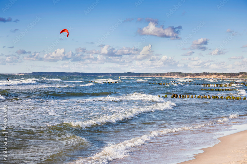 Landscapes of Poland. Windy day at Baltic sea. Kitesurfing near Gdansk.