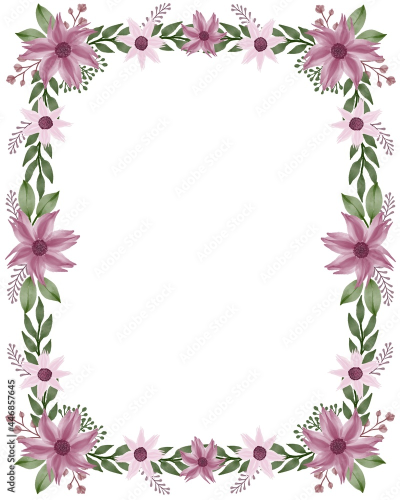 rectangle frame with purple flower and green leaf border for greeting card