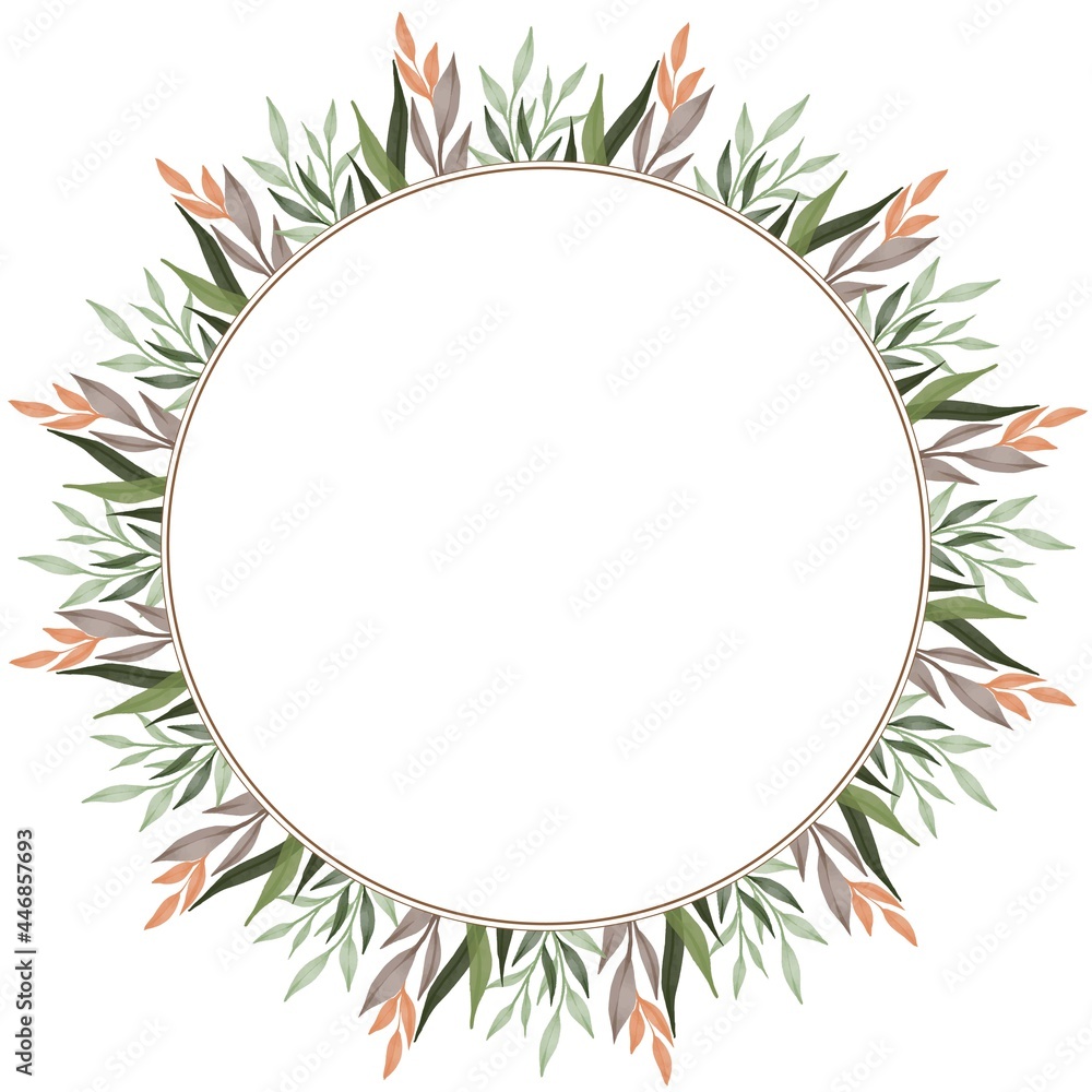 circle frame with green and orange leaf border for wedding card