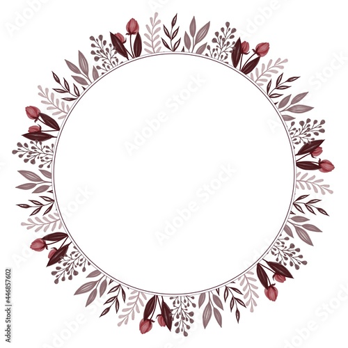 circle frame with red bud and grey leaves border for wedding card