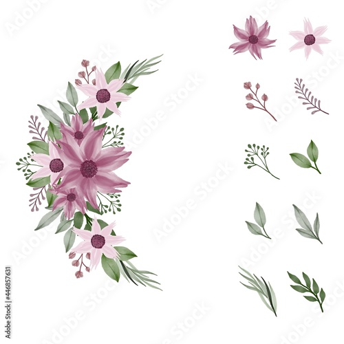 Fototapeta Naklejka Na Ścianę i Meble -  arrangement of pink watercolor bouquet with flower element, bud, leaf and branch
