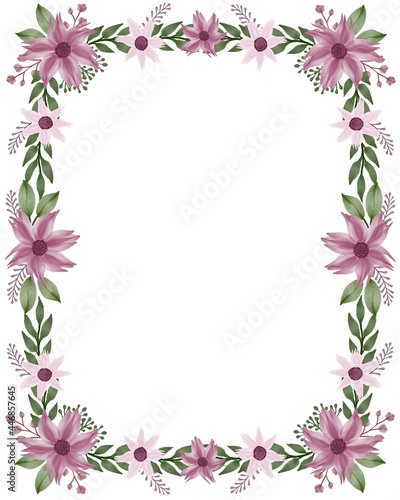 rectangle frame with purple flower and green leaf border for greeting card