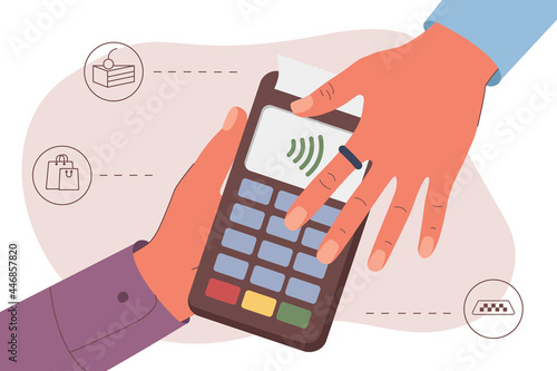 Contactless payment using the nfc ring. Payment for various purchases through the terminal. Vector illustration in flat style