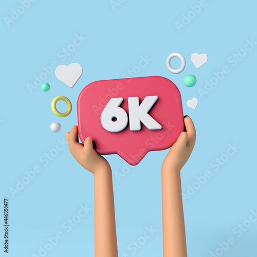 6k social media subscribers sign held by an influencer. 3D Rendering. photo