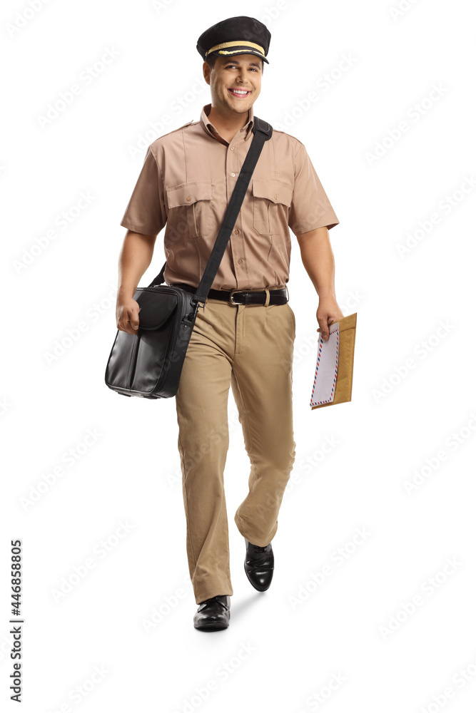 Full length portrait of a mailman walking towards camera and carrying a bag and a letter