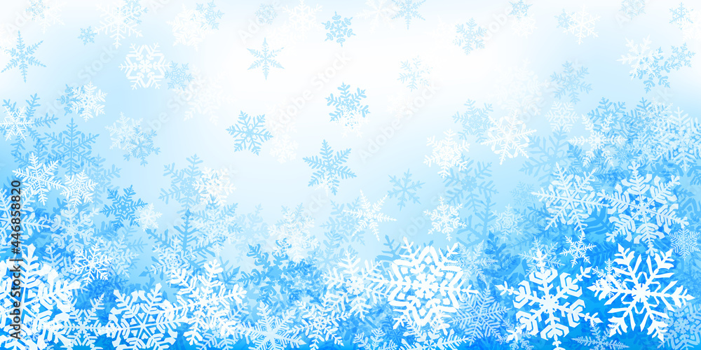 Background of complex Christmas snowflakes in light blue colors. Winter illustration with falling snow