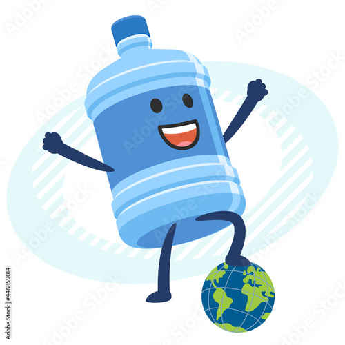 Cartoon Water Bottle Character keeping his foot above the planet. Bottled water delivery.