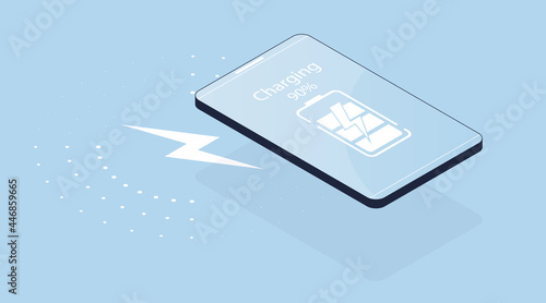 Wireless charger. Isometric 3d vector recharge symbol for infographic illustration. Charging energy lightning icon on blue background.