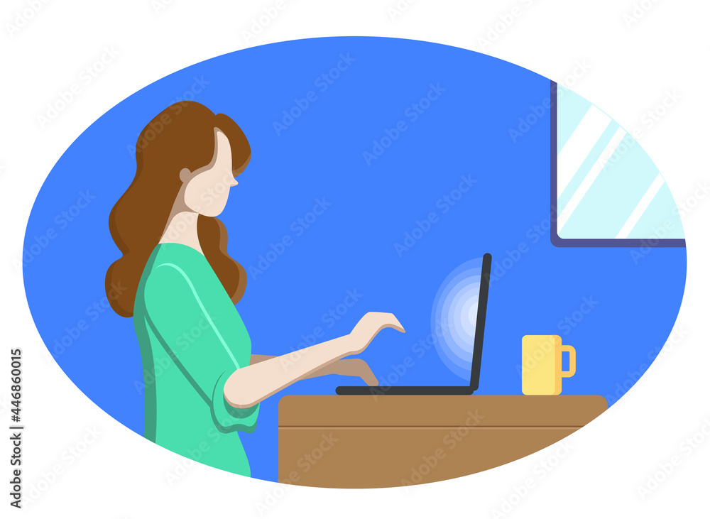Vector illustration of a sitting woman with a laptop in the evening. Working from home poster. Learning online banner. Typing on a computer. Virtual workplace concept. Freelance Vector illustration of a sitting woman with a laptop in the evening. Working from home poster. Learning online banner. Typing on a computer. Virtual workplace concept. Freelance